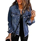 EVALESS Womens Boyfriend Washed Crop Denim Jean Jacket Coat