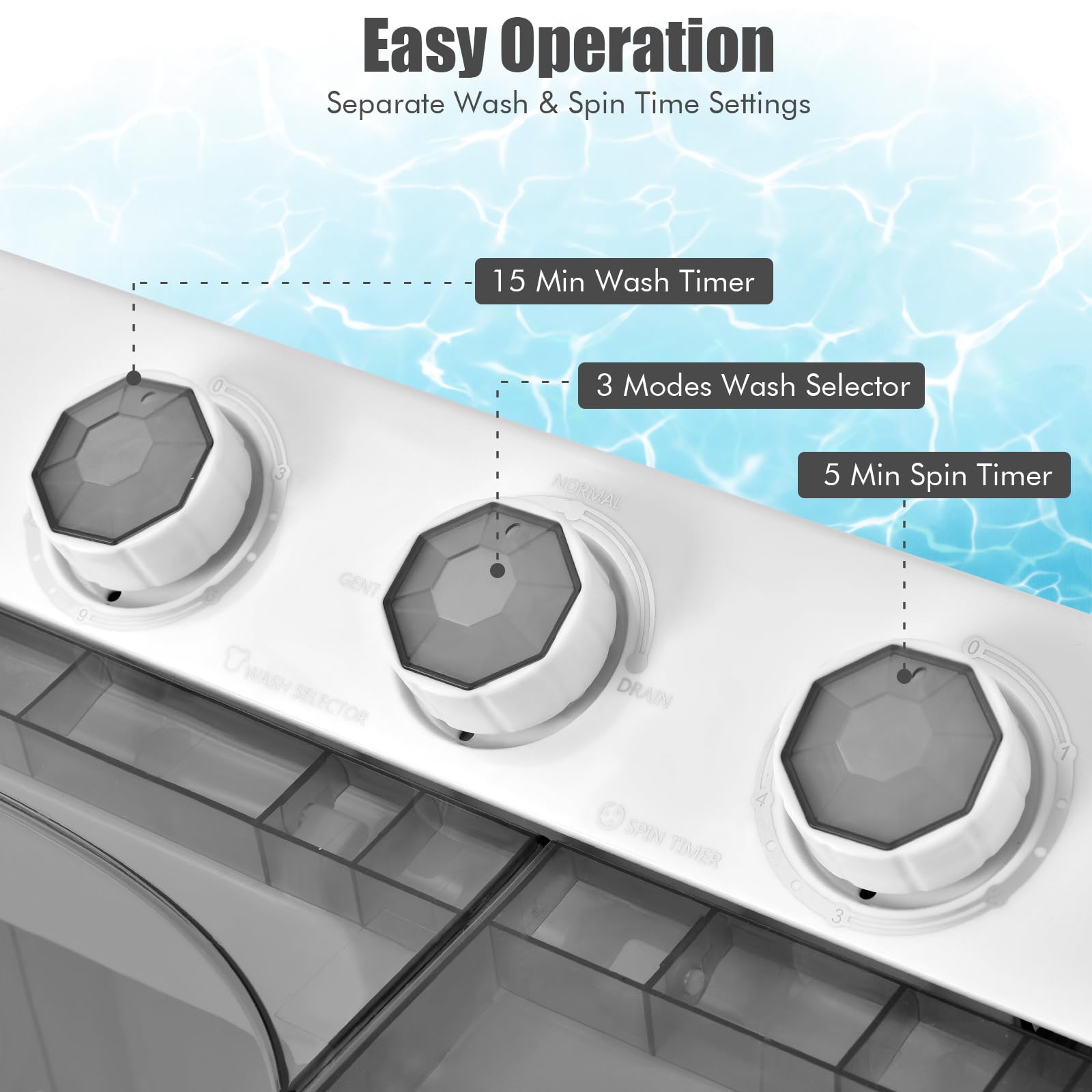 COSTWAY Portable Washing Machine, Twin Tub 26lbs Capacity Laundry, 18lbs Washer and 8lbs Spinner Combo with Timer Knobs, Built-in Drain Pump, Compact Washer for Home Dorm Apartment (Grey+White)