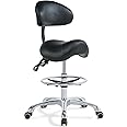 Grace&Grace Ergonomic Rolling Saddle Stool Chair with Wheels Adjustable Swivel Stool with Back and Footrest Heavy Duty for Esthetician, Artist, Dental, Medical, Spa, Salon, Cutting, Home Office