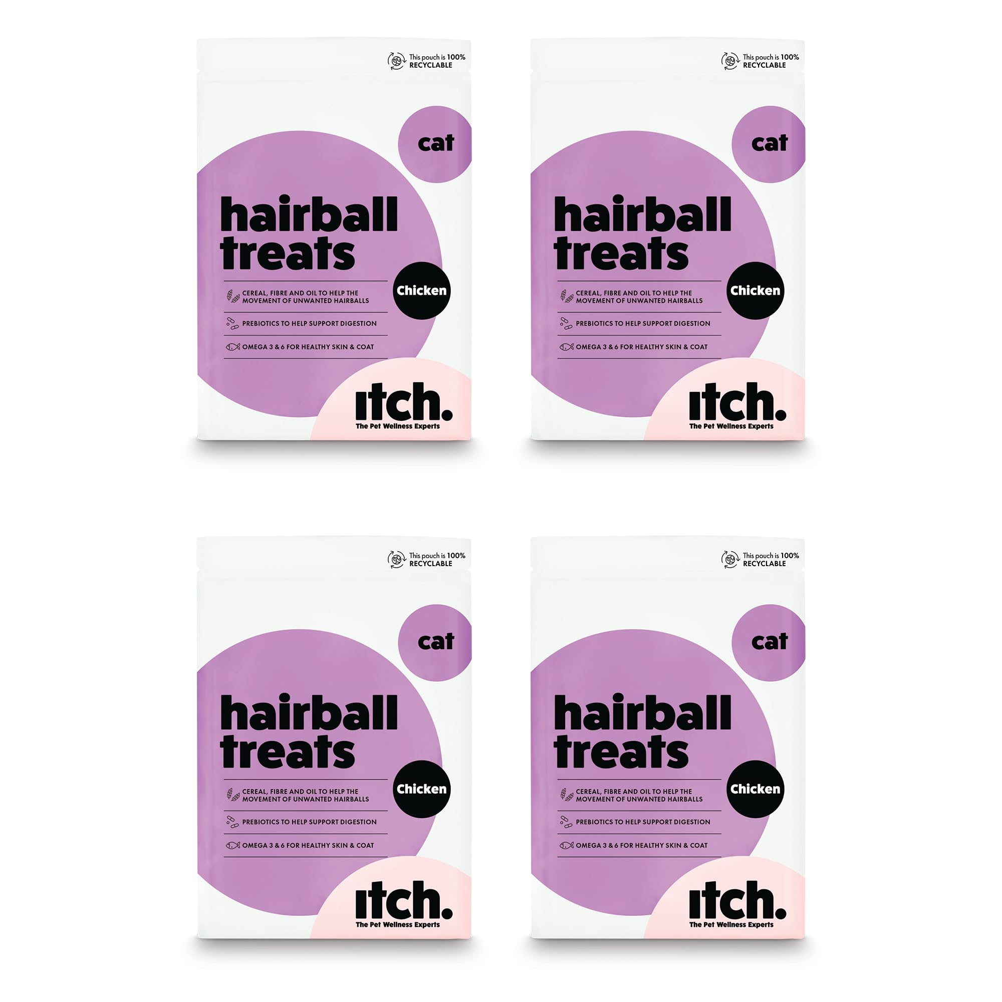 Itch - Anti-Hairball Healthy Pet Treats for Cats - Supports Healthy Digestion - All Ages and Breeds - No Artificial Colours or Preservatives - 4 Pack