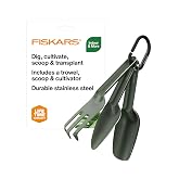 Fiskars 3-Piece House Plant Cultivating Tool Set for Indoor Gardening | Nesting Trowel, Soil Scoop &amp; Cultivator, Stainless Steel with Green Powder Coat Finish, Space-Saving Design for Repotting