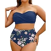 Yonique Women Plus Size Two Piece Swimsuits High Waisted Bathing Suits Bandeau Bikini Tummy Control Swimwear