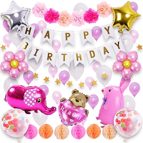 Amazon Deerzon 女の子の誕生日飾り ガーランド 風船 花他90点セット