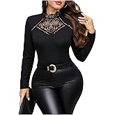 GORGLITTER Women's Plus Size Tops Y2K Lace Long Sleeve Mock Neck Embroidered Shirts Dressy Tops Casual