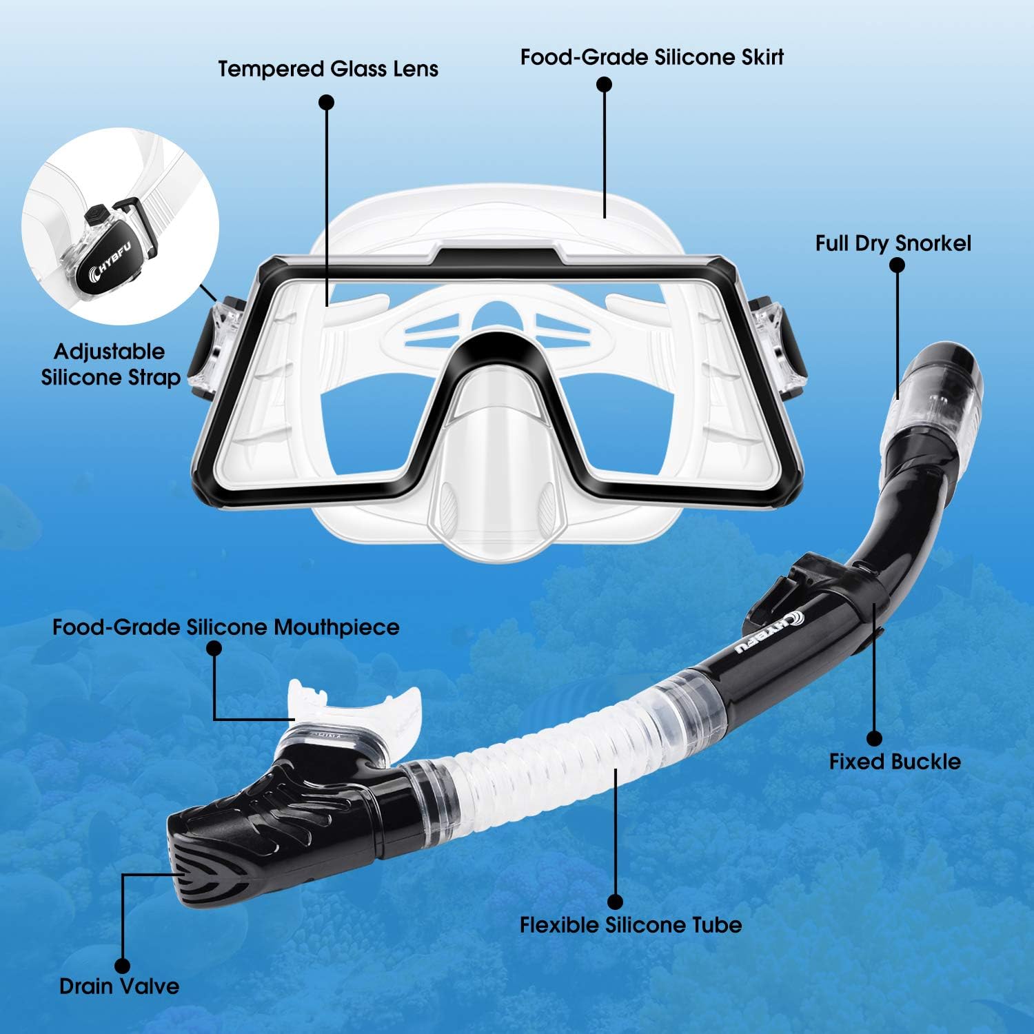 CHYBFU Mask Fins Snorkel Set with Adults Snorkeling Gear, Panoramic View Diving Mask, Dry Top Snorkel, Diving Flippers and Gear Bag, Snorkeling Packages for Snorkeling Swimming Scuba Diving Training : Sports & Outdoors