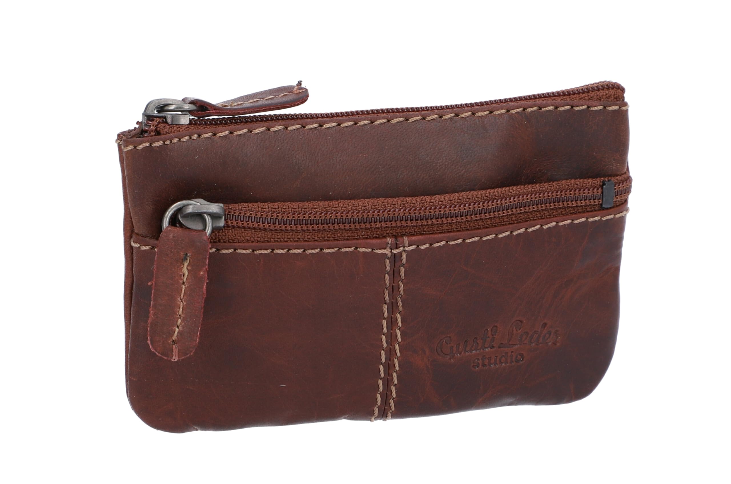 Gusti Key Case Leather – Compact Rook Brown Organizer, Genuine Vegetable-Tanned Leather, Zippered Pouch for Keys, Cards, Coins, Slim Pocket-Friendly Design, Secure and Durable Key Holder