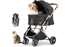 EchoSmile Small Medium Dogs Stroller 4-Wheel Pet Strollers for Medium Dogs Up to 50lbs, One Click Folding Large Cat Stroller, Reversible Handle, Shock Absorbing Wheels, Removable Washable Pad