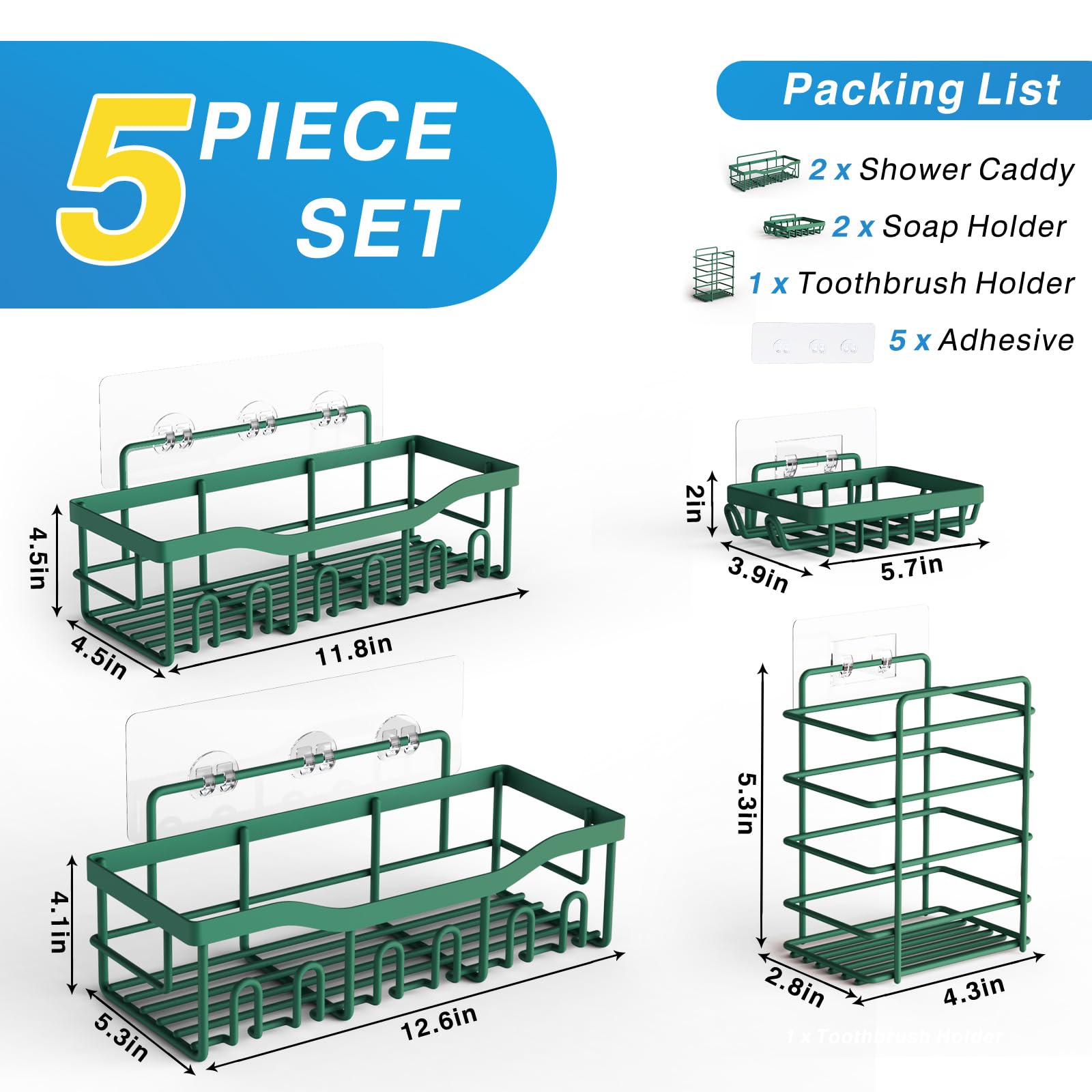 EUDELE 5-Pack Rustproof Stainless Steel Shower Caddy – No Drill Adhesive Bathroom Organizer with Large Capacity, Spacious Shower Shelves for Inside Shower, Kitchen & Home Decor Storage-XL Size