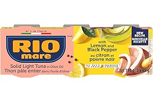 Rio Mare - Solid Light Tuna in Olive Oil with Lemon and Pepper - Canned Tuna, High in Protein - 3 x 65g Cans (195g Canned Tun