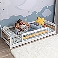 Twin Size Floor Bed with Safety Guardrails for Kids, Montessori Floor Bed with 2 Openings, Twin Bed Frame for Girls and Boys (White)