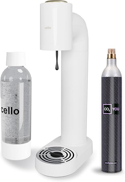 Cello Sparkling Water Maker White with 1 Litre BPA Free Bottle CO2 60L Cylinder