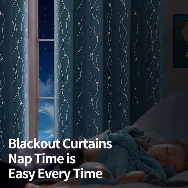 BGMENT ROOM DARKENING CURTAINS 95 INCHES LONG, GROMMET THERMAL INSULATED BLACKOUT CURTAINS WITH WAVE LINE AND DOTS PRINTED FOR BEDROOM, 2 PANELS, EACH 52 X 95 INCH, STEEL BLUE