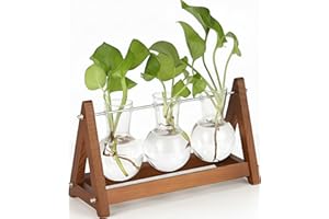 TomGear Plant Terrarium with Wooden Stand, 3 Bulb Glass Vase Metal Holder, Retro Hydroponics Planter for Home/Garden/Office Decor, for Women & Mom