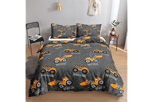 Datura home Kids Construction Truck Duvet Cover Set Machinery Excavators Vehicles Tractor Cartoon Truck Printed Bedding Set with 2 Pillowcases for Boys,NO Comforter(A-Truck Brown Twin)