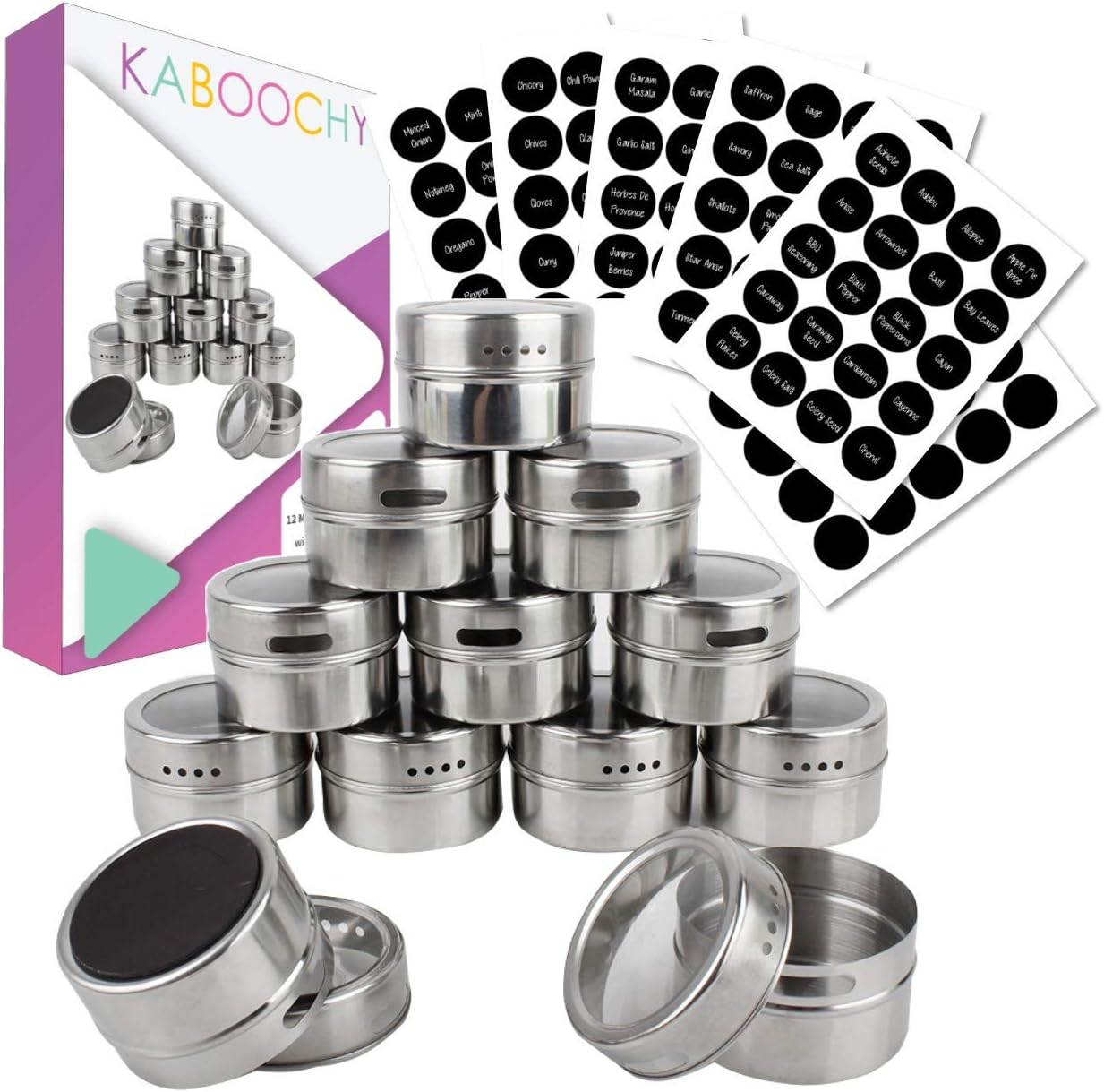 12 Spice Tins, 120 Spice Labels Plus Chalk Pen. Round Storage Containers with