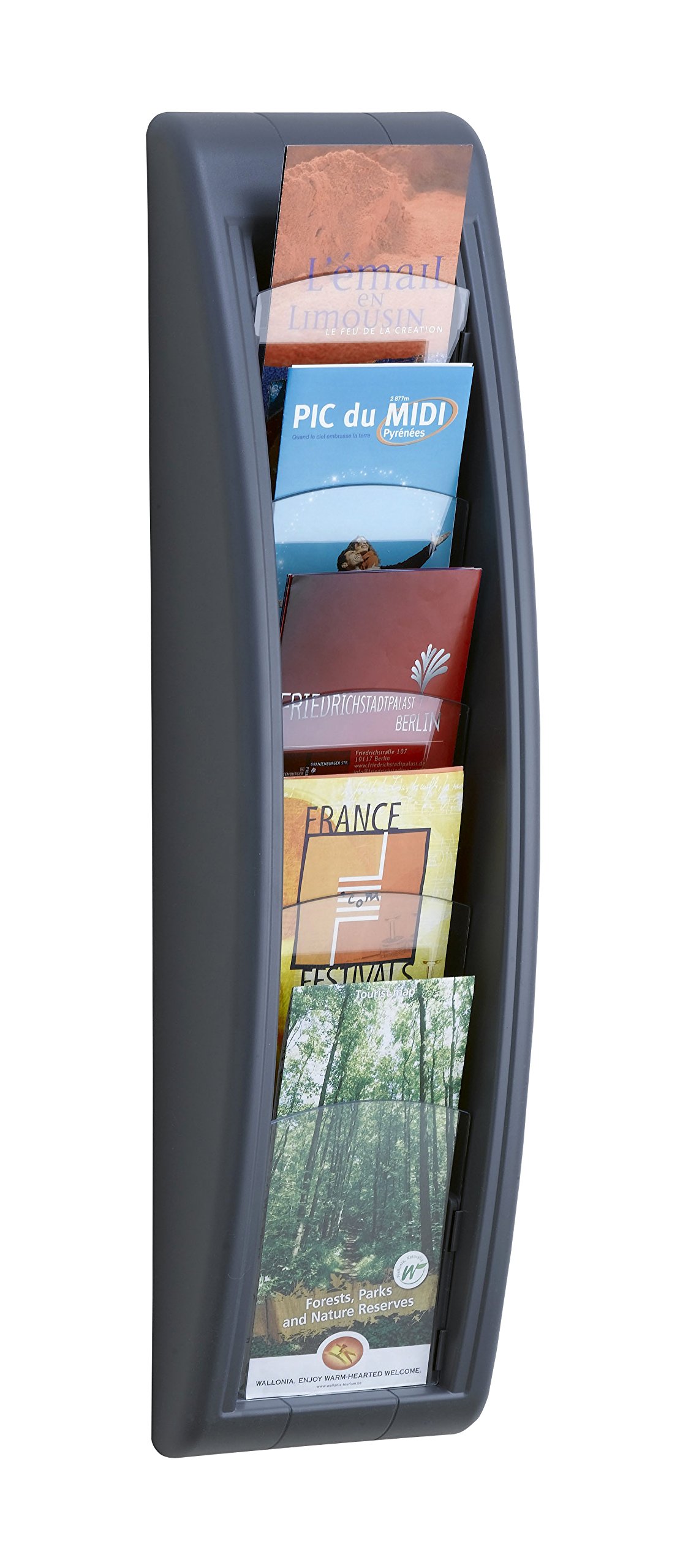 PaperFlow Quick Fit Systems Wall Mounted Literature Display, 5 Pockets, Third Letter Size, 25.6 x 7 x 3.75 Inches, Charcoal (4062US.11)