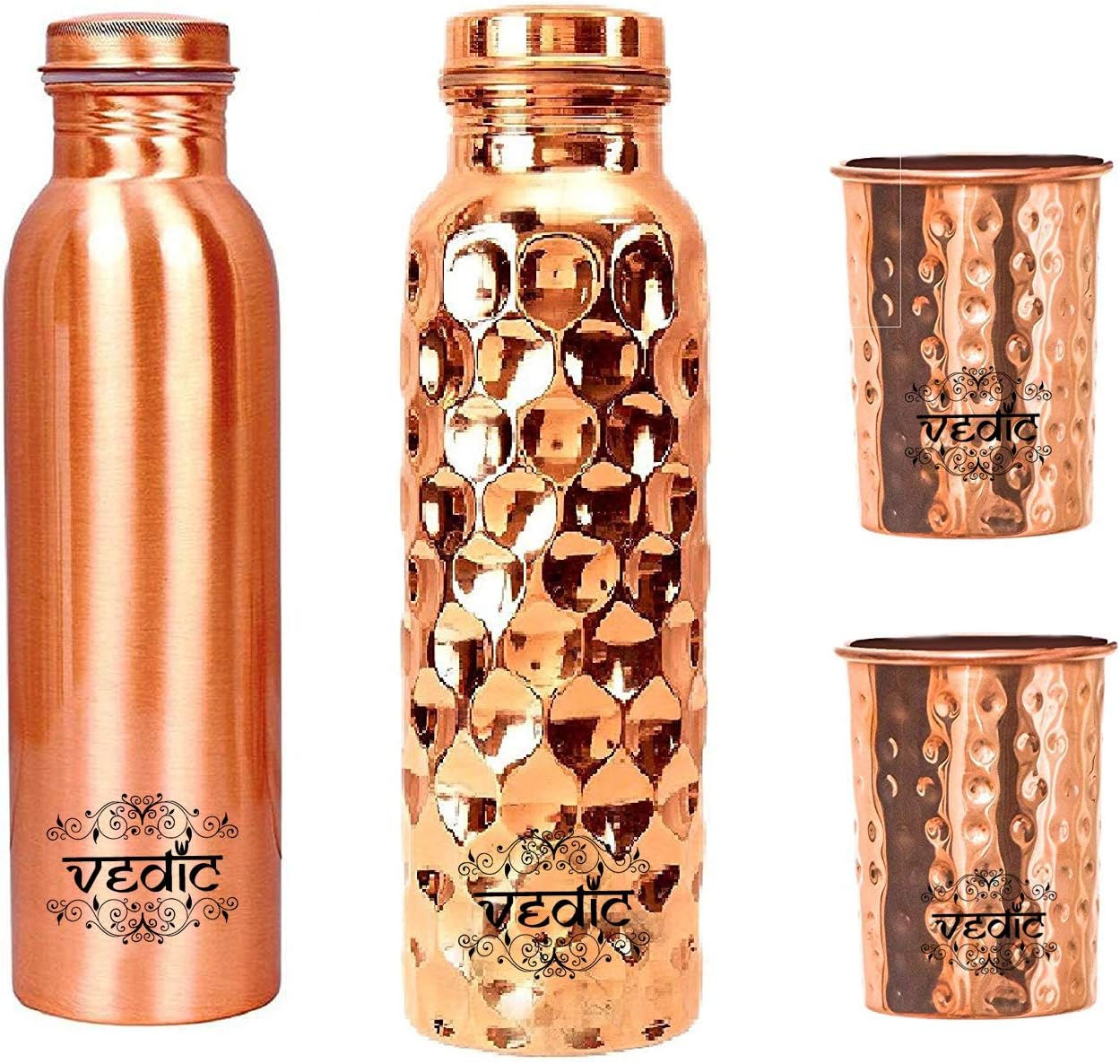 VEDIC COPURE Copper Modern Art Set of 2 Combo Pack of Water Bottle with 2 Glass for Travelling Purpose, Yoga Ayurveda Healing