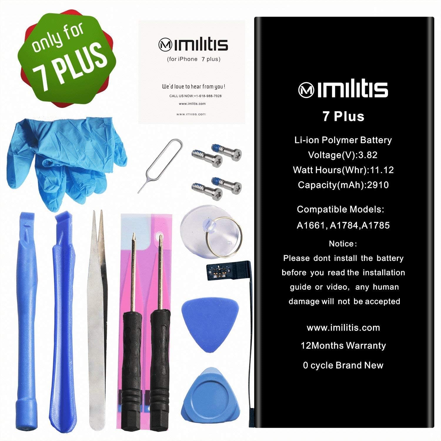IMILITIS Compatible Replacement Battery for iPhone 7 Plus 3.82v 2910 mAh Li-ion Polymer Battery Replacement Kits with All Repair Tools, Adhesive and Instruction (12-Month Warranty)