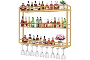 HFTUW 39 Inch 3-Tier Wall Mounted Wine Rack with LED Light, Stylish Wall Bar Shelves for Liquor Bottles & Hanging Glasses, Ba
