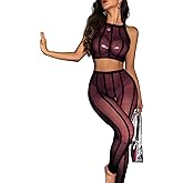 ELEGANT LAM Womens Mesh Lingerie Fishnet Babydoll Rave Outfits Long Sleeve Bodysuit Two Piece Chemise