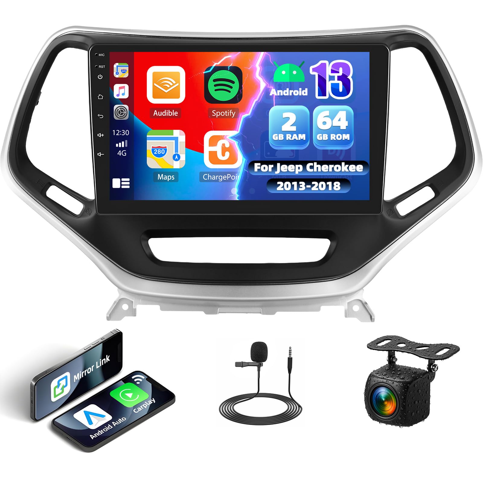 Photo 1 of [2+64G] Android 13 Car Stereo for Jeep Cherokee 2013-2018 Radio Wiereless Carplay&Android Auto GPS Navigation,10.1”Touchscreen with WiFi,Mirror Link, Bluetooth FM/RDS Radio SWC/USB+Backup Camera&Mic