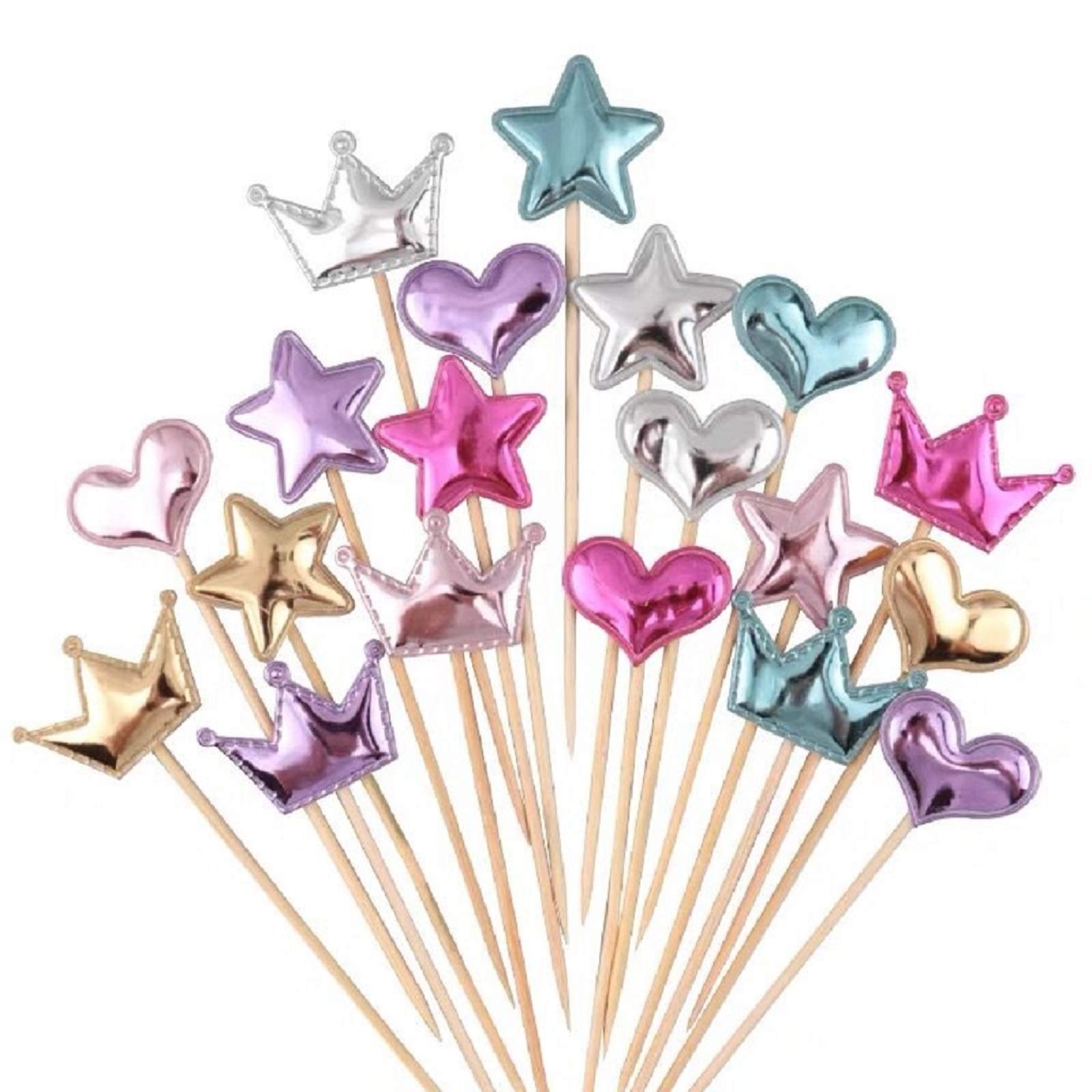Coriver 75Pcs Cupcake Toppers Muffin Decoration Star Heart Crown Cupcake Toppers Happy Birthday Cake Decoration Shiny Color Sticks for Kids Boys Girls Party Birthday Wedding Supply