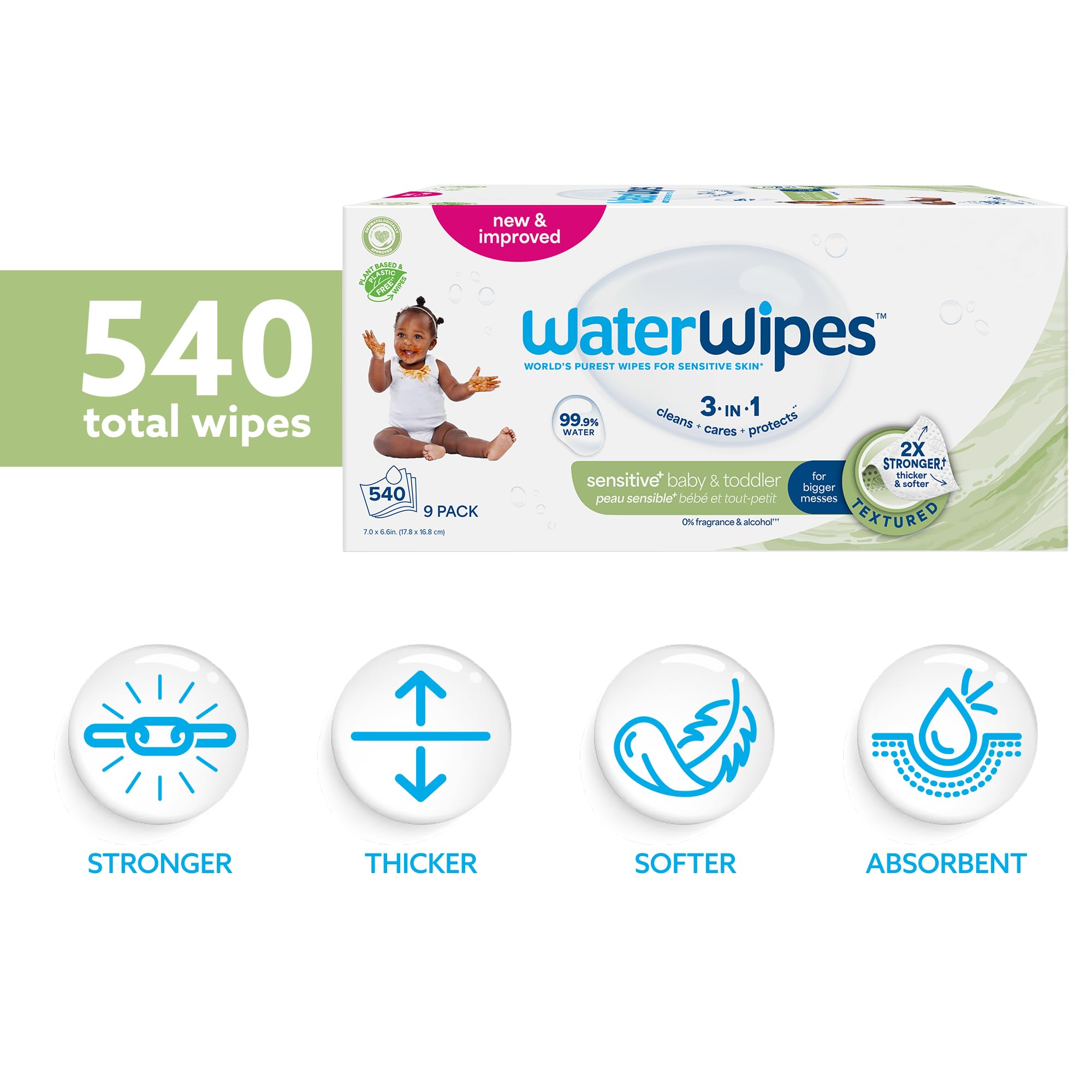 WaterWipes Sensitive+ Baby & Toddler Wipes, 3-In-1 Cleans, Cares, Protects, 99.9% Water, Textured Clean, Unscented & Hypoallergenic, 540 Count (Pack of 9)