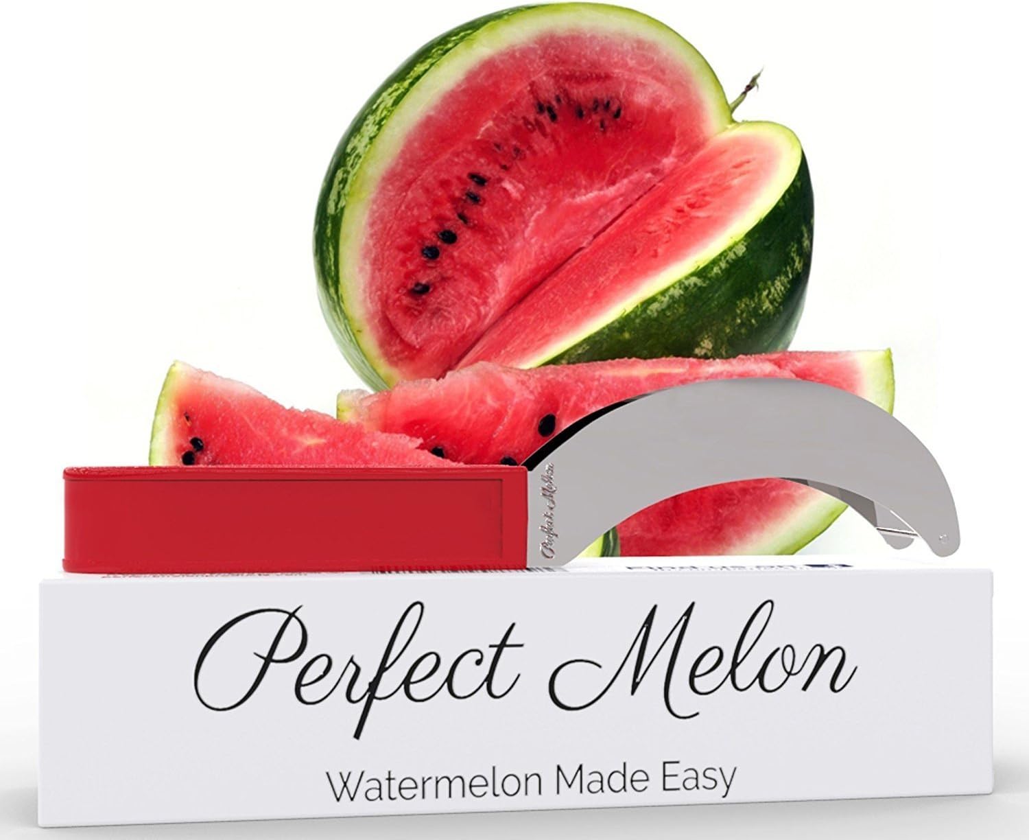Watermelon Slicer Corer and Server by Perfect Melon, Kid-friendly Watermelon Knife, Easy Clean Dishwasher Safe Stainless Steel Watermelon Cutter Silicone Handle