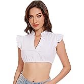 LUYANA Womens Oktoberfest Dirndl Blouse Bavarian Traditional White Dirndl Shirts Double-Layered Sleeve S-3XL