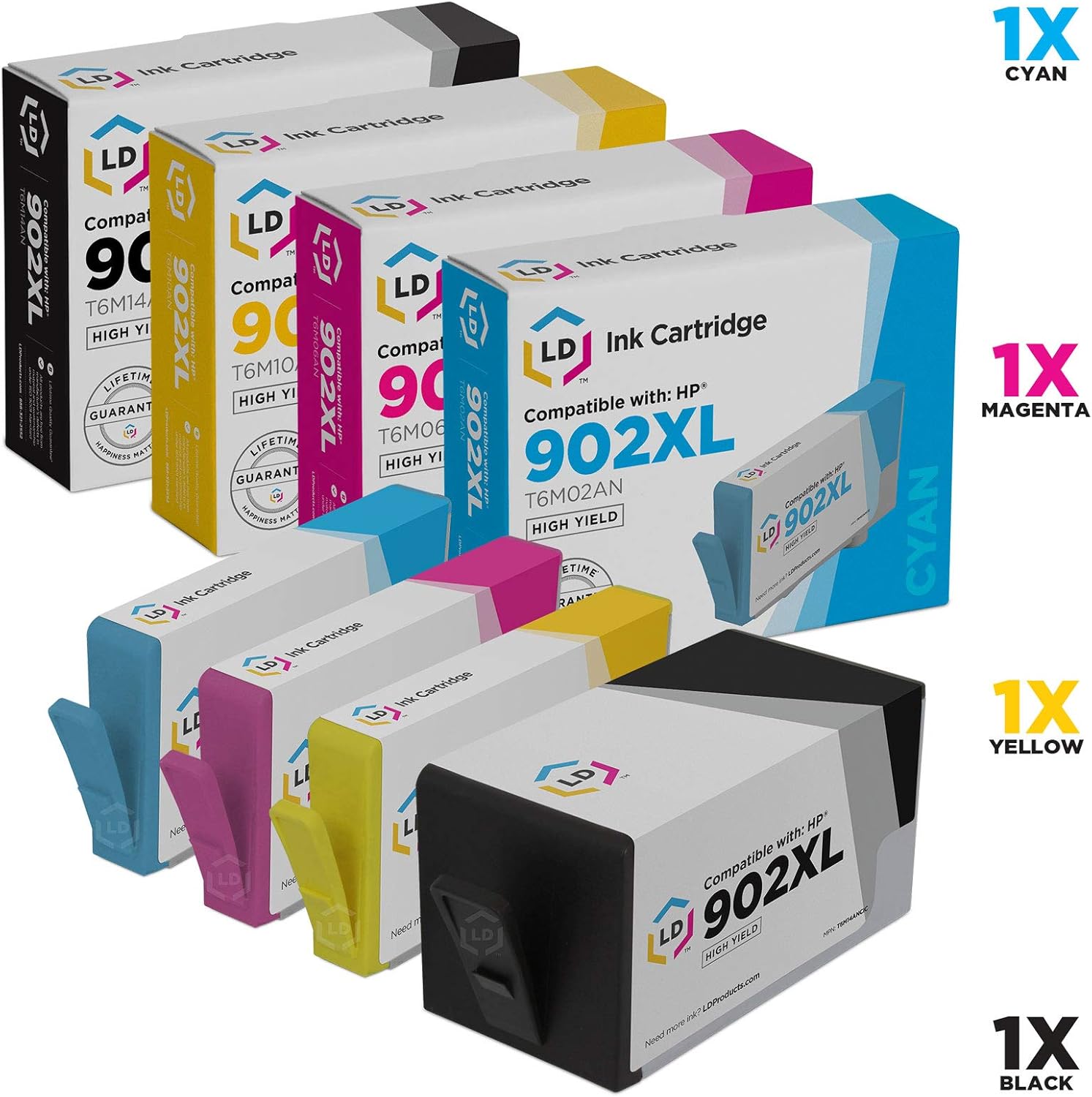 LD Compatible Replacements for HP 902XL Ink Cartridges (Black, Cyan, Magenta, Yellow, High Yield 4-Pack)
