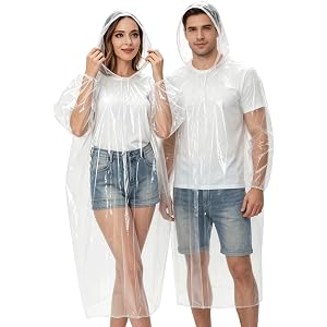Borogo Disposable Rain Ponchos for Adults, 5 Pack Family Pack Clear Emergency Hooded Raincoat for Travel Camping