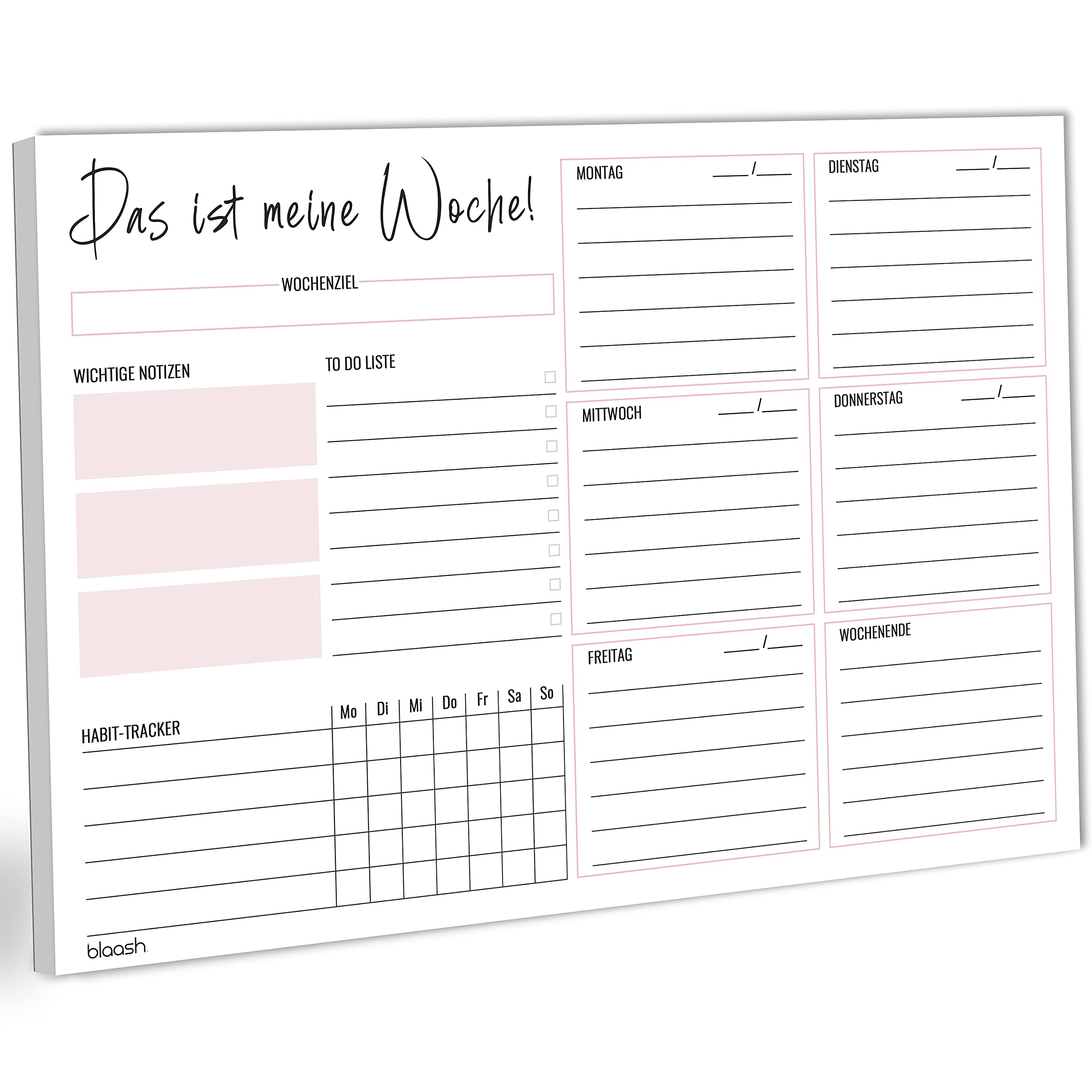blaash Weekly Planner Pad 2021, DIN A4, Pink, 50 Pages