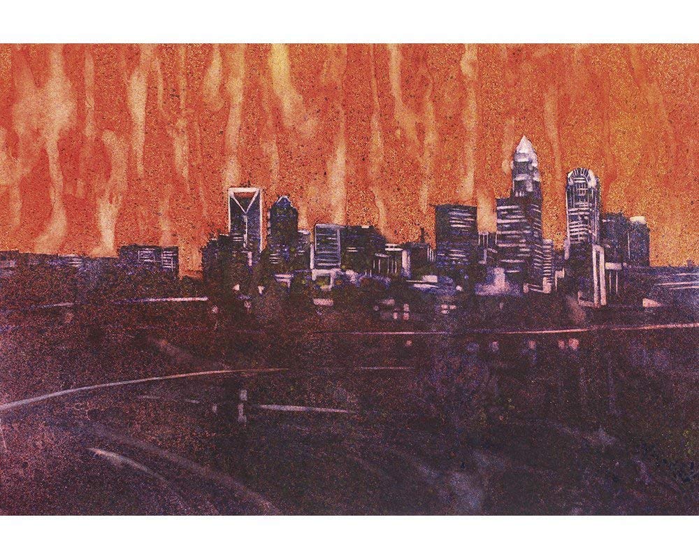 Watercolor painting of Charlotte, NC skyline at sunset North Carolina (USA). Print