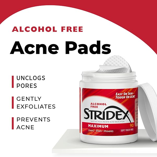 STRIDEX MEDICATED ACNE PADS, MAXIMUM, 90 COUNT, PACK OF 3 – FACIAL CLEANSING WIPES, ALCOHOL-FREE FACE PADS, ACNE TREATMENT FOR FACE, FOR MODERATE ACNE, SMOOTH APPLICATION