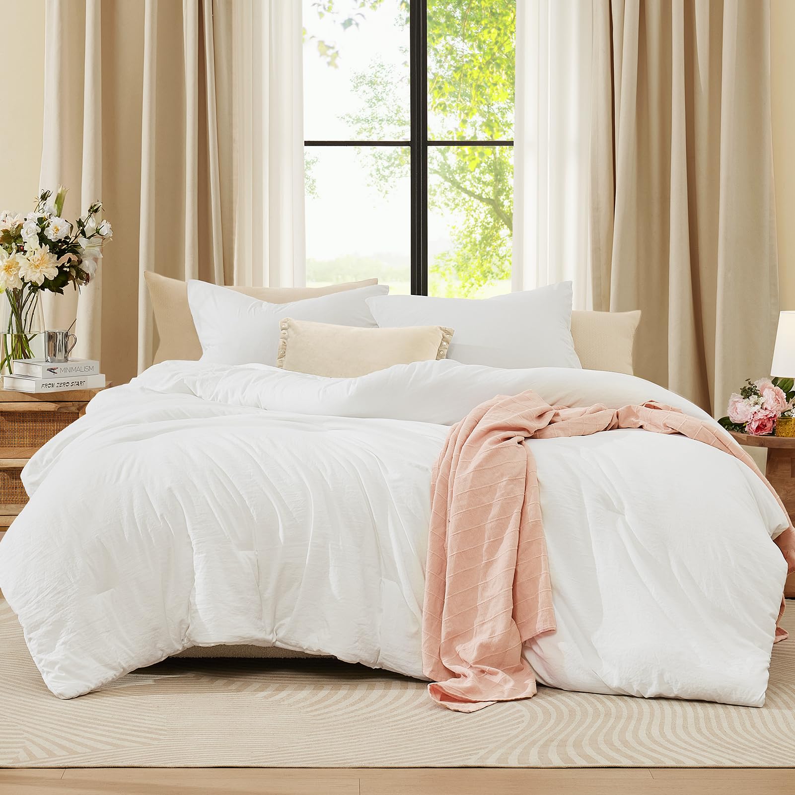 Photo 1 of WRENSONGE Full Size Comforter Sets - 3 Pieces Prewashed White Comforter Soft Lightweight for All Seasons,Fluffy Down Alternative Comforter Full Size with 2 Pillow Shams