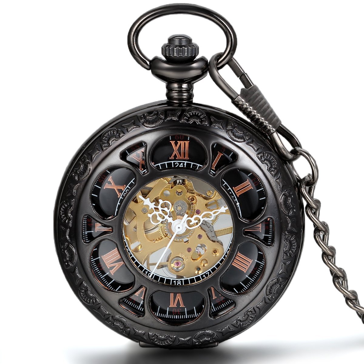 JewelryWe Half Hunter Pocket Watch with Chain Black Dial Steampunk Mechanical Hand Wind Movement