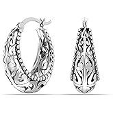 Charmsy 925 Sterling Silver Hoop Earrings | Women's Filigree Hoop Earrings | Openwork Mesh Filigree Cut Earrings | Lightweight Hypoallergenic Vintage Hoop Earrings for Women