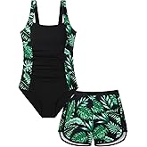 KOMEIANA Girls Swimsuit One Piece Bathing Suit with Tropical Print Shorts Adjustable Strap Swimwear for Teens Size 9-16