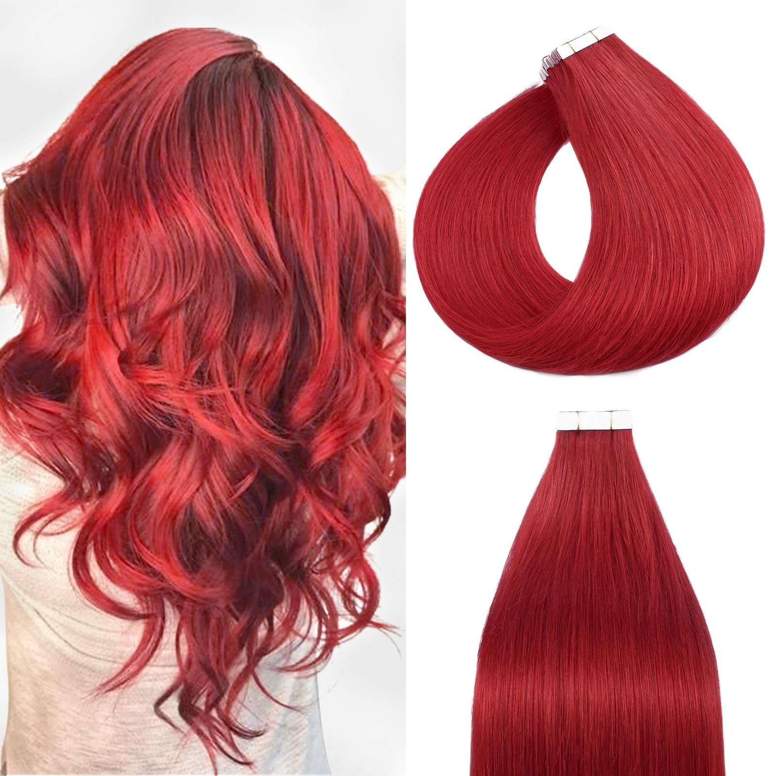 Hair Extensions Tape in Human Hair 20inch #Red Real Human Hair Extension Skin Weft Seamless Straight (20 Pcs, 50g/Set)