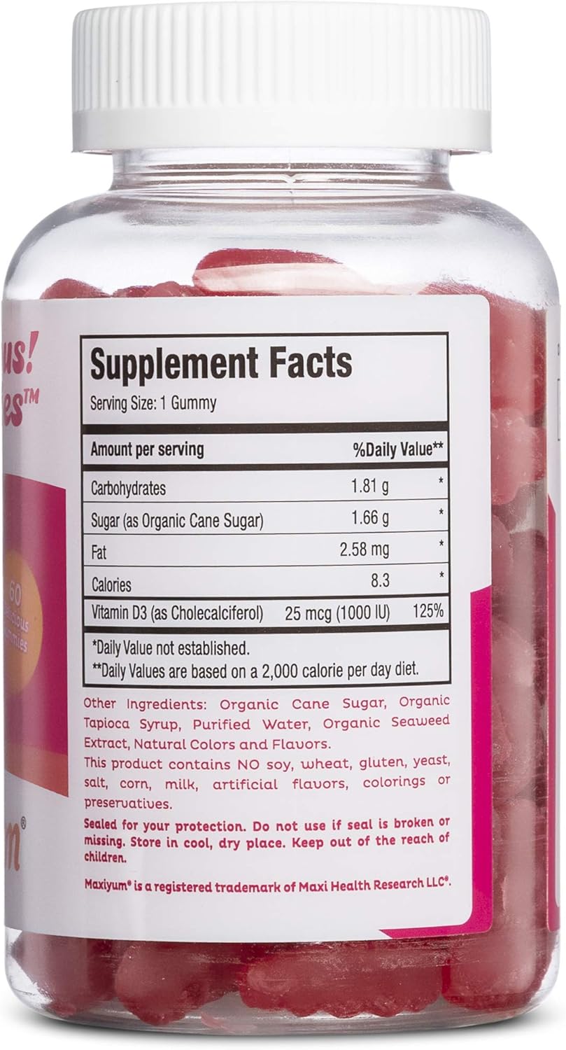 Maxi Health Vitamin D3 Gummies 1000iU (60 Chewables) Cherry Flavor Supplement for Kids & Adults | Fortify Skin, Muscle, Joint, Immune System Health | Non-GMO, Gluten Free: Health & Personal Care