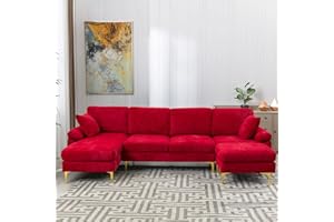 KIVENJAJA U-Shaped Sectional Sofa Couch, Modern Velvet L-Shaped Couch Set with Chaise Lounge, Ottoman and Pillows for Living Room Office Apartment, 114 inches (Red)