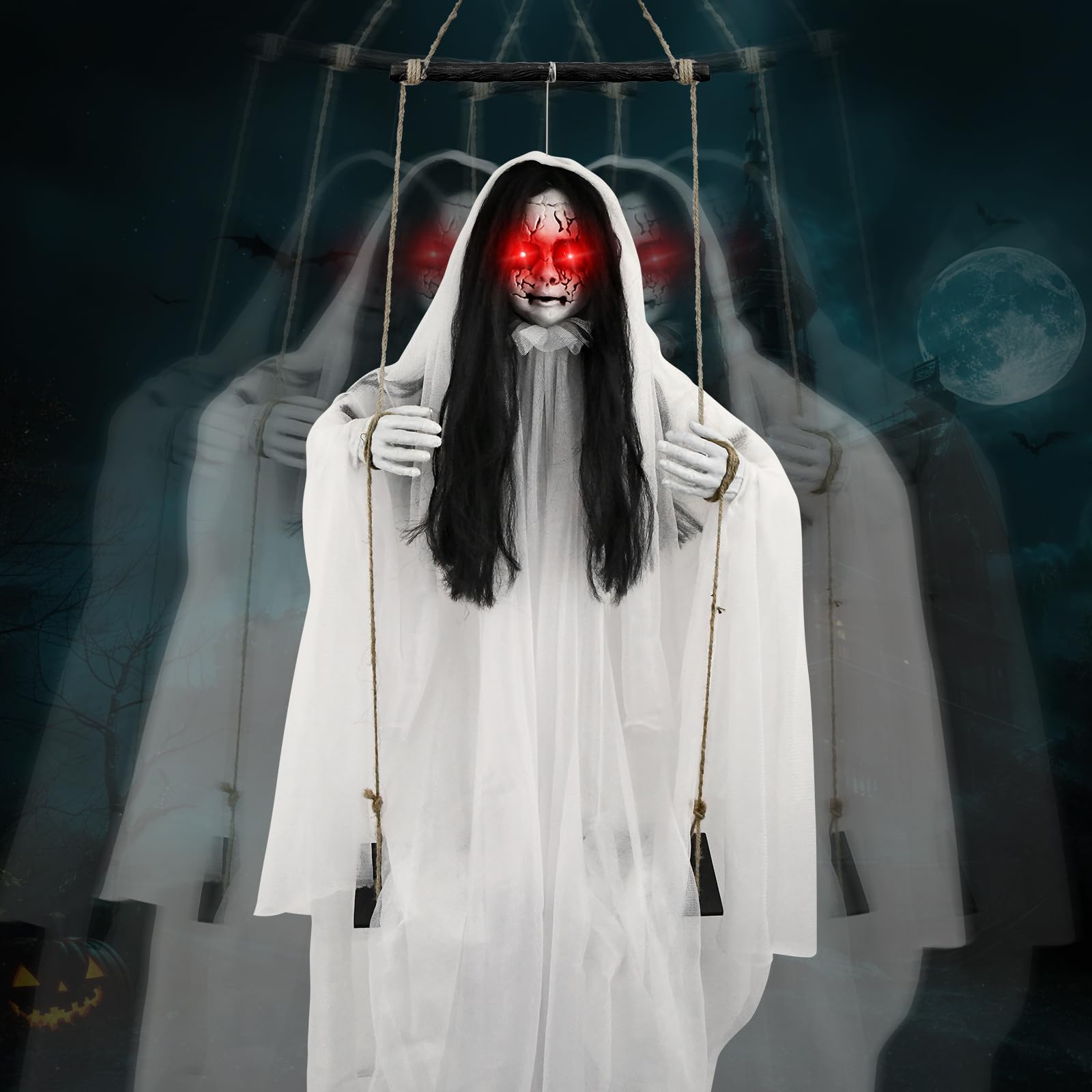 Photo 1 of Scary Halloween Decorations Outdoor, Hanging Swinging Girl with Sound & Slap Activated, Light Up Eyes, Creepy Expression, 6.2FT Halloween Decor for Indoor Outdoor Haunted House