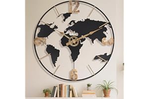 Large Modern Decorative World Map Wall Clock Oversized,30 Inch Big Giant Vintage Gold Arabic Numeral Metal Wall Clocks for Ho