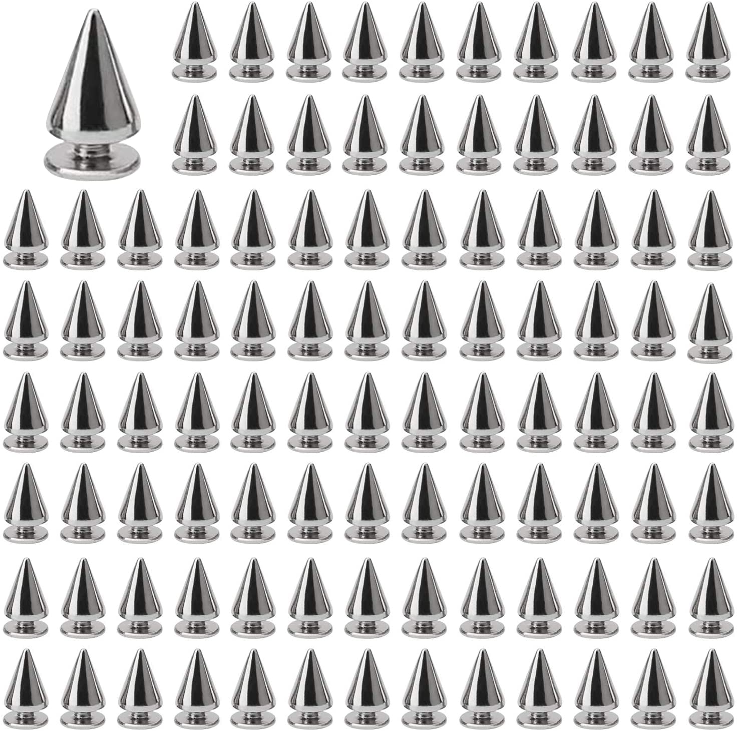 Juibao 100x Cone Spikes Studs with Screwbacks Punk Rivets, Double Cap Rivet for Punk Spikes on DIY Leather Bags Clothes Shoes, 7 × 10mm, Silver