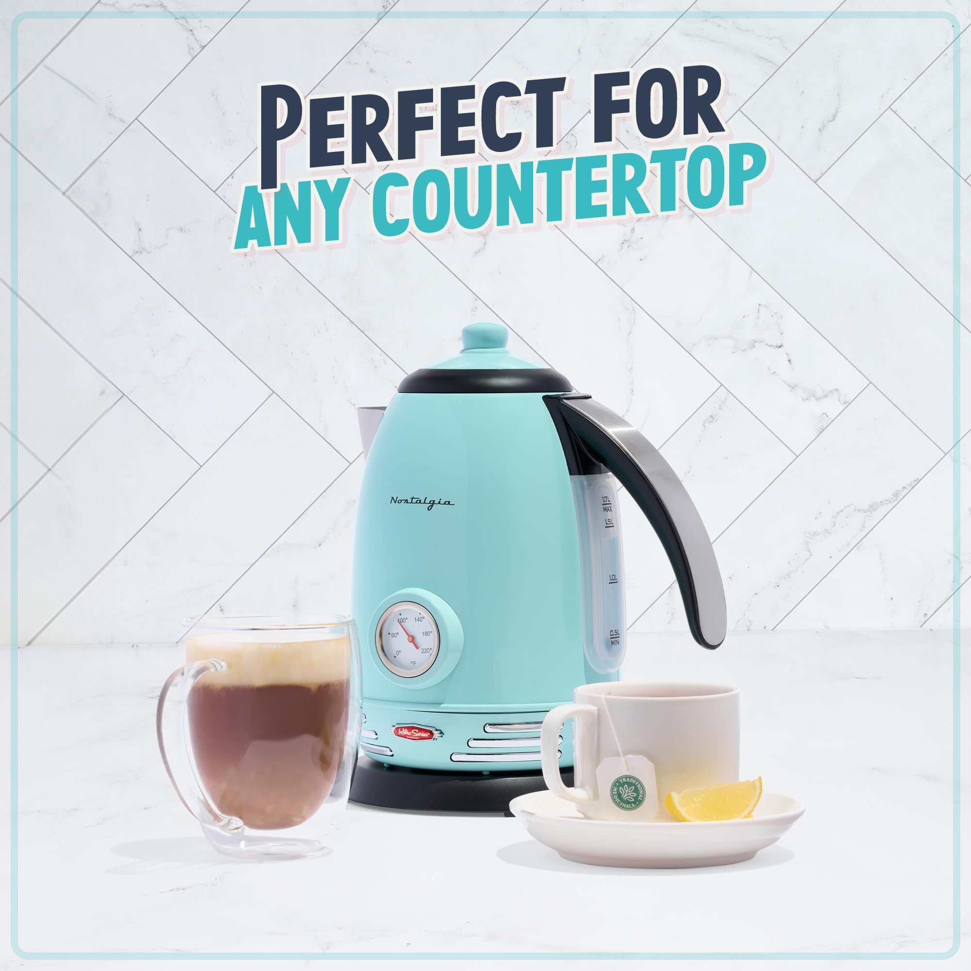 Hervidor eléctrico de té y agua Nostalgia Retro de acero inoxidable, 1,7 litros, apagado automático y protección contra ebullición en seco, ventana indicadora de nivel de agua, Aqua