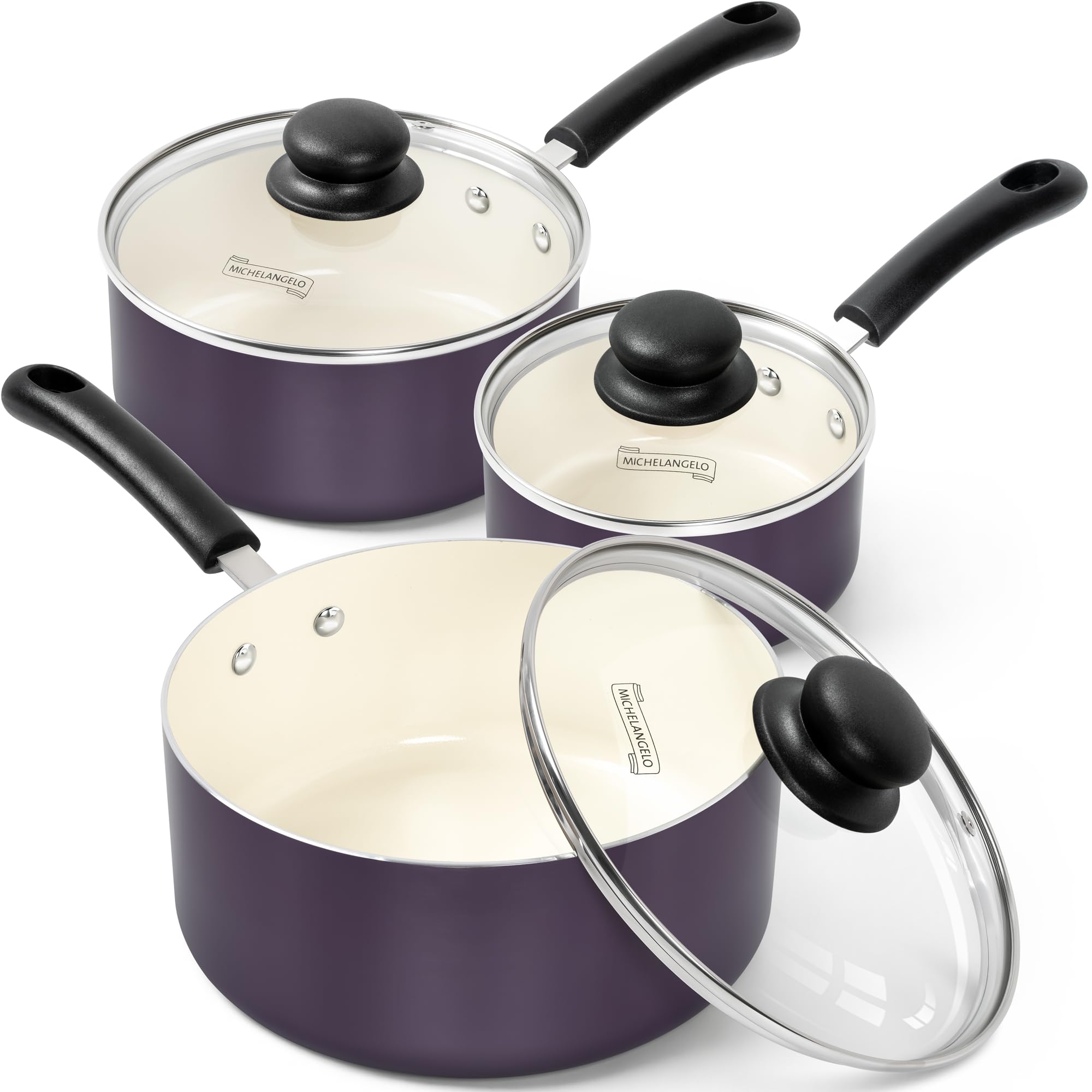 Photo 1 of MICHELANGELO Nonstick Sauce Pan with Lid, Ceramic Saucepan Set, Non Toxic Small Saucepans Sets with Stay-Cool Handle, Induction Pots For Cooking, PTFE & PFOA Free - 1Qt & 2Qt & 3Qt, Purple