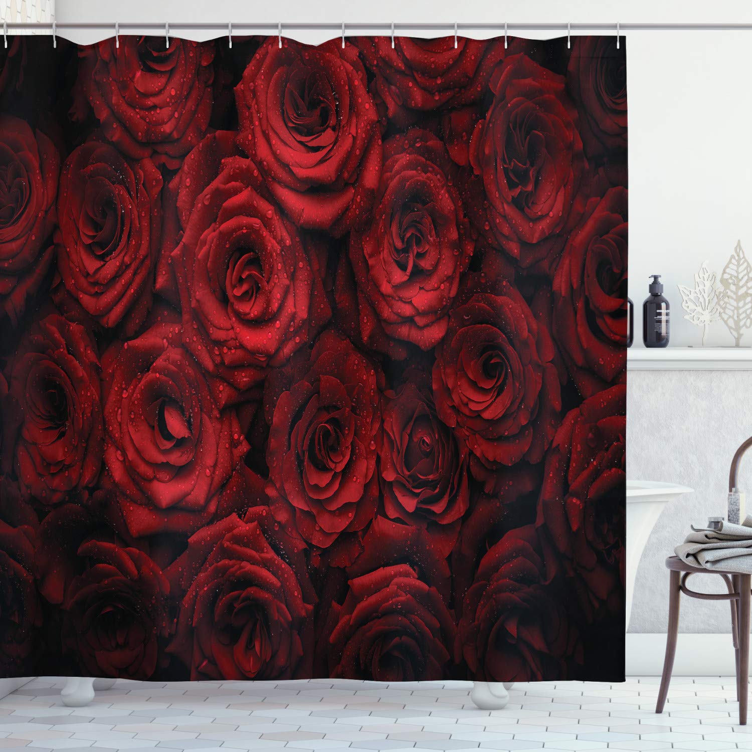 ABAKUHAUS Romance Shower Curtain, Roses Drops of Water Blooming Bouquet of Love and Passion Image Illustration, Cloth Fabric Bathroom Decor Set with Hooks, 94" Inches, Black Red