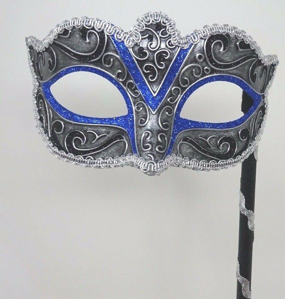 VENETIAN MASQUERADE CARNIVAL PARTY EYE MASK BLUE BLACK & SILVER ON A STICK - HAND HELD