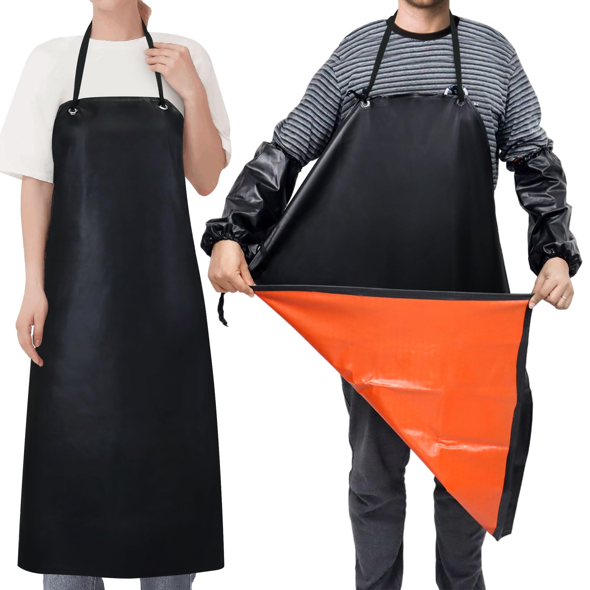Baanfly Upgraded 43" Waterproof Leather Apron with 2 Sleeves Set Heavy Duty Work Apron Chemical Acid Stain Oil Resistance Industrial Workshop Labor Working Rubberfor Kitchen Butcher (1)