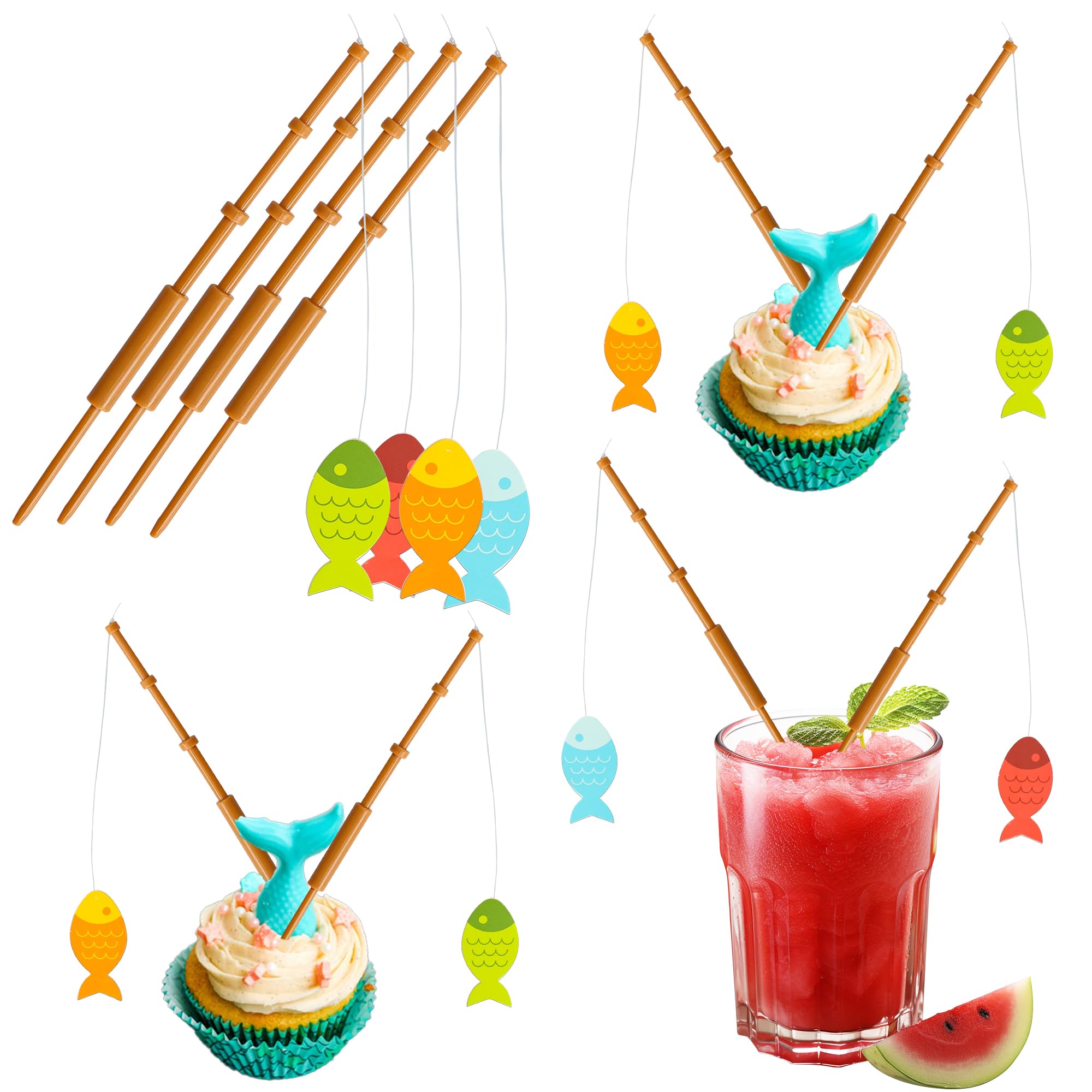 Photo 1 of Gyufise 8Pcs Mini Fish Pole Cake Topper Decorations Little Fisherman Cupcake Toppers Fishing Pole Picks Mini Cupcake Picks for Birthday Party Tropical Party Appetizer Cake Decoration Supplies